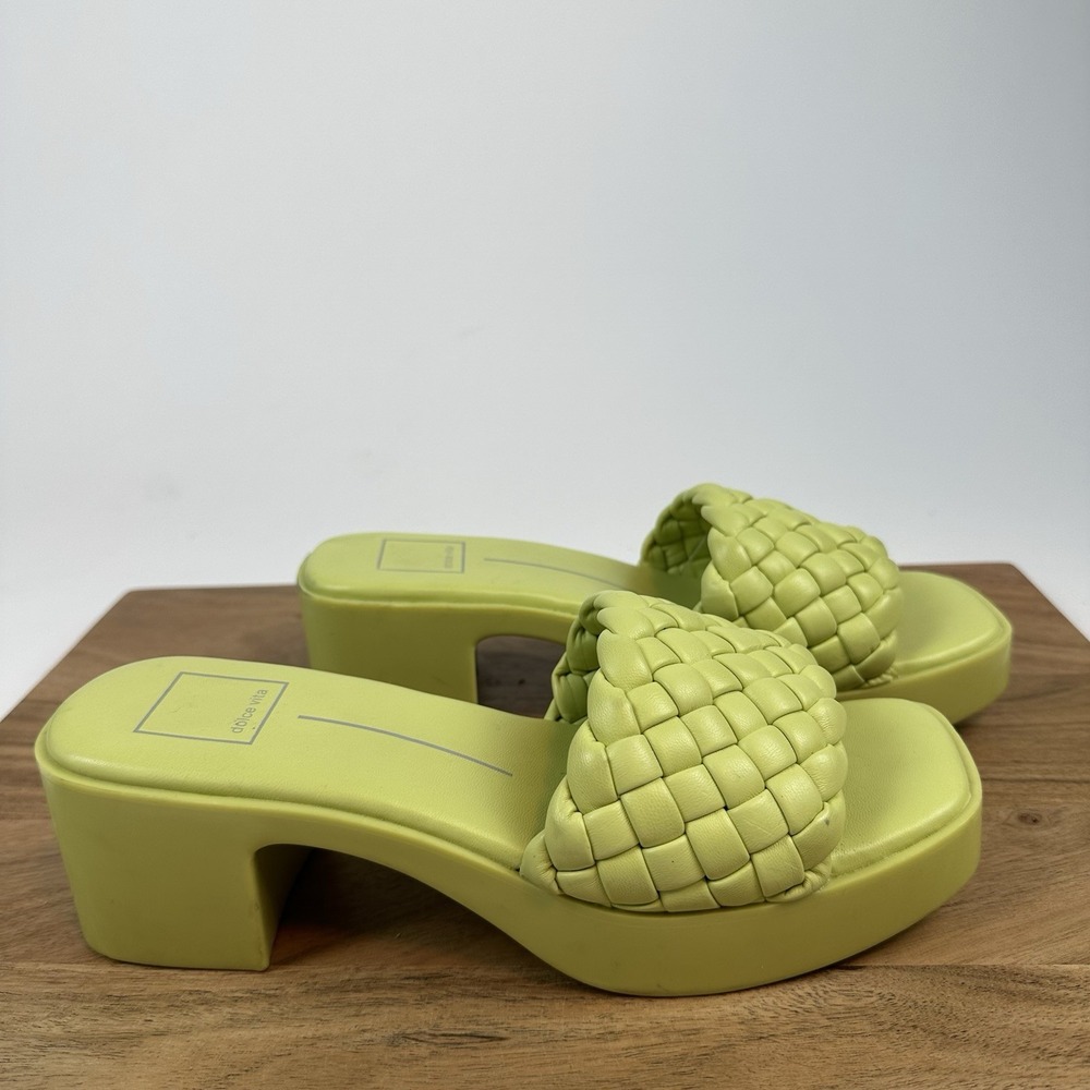 Womens Dolce Vita Goldy Green Faux Leather Braided Slip On Heels Sandals Size 8